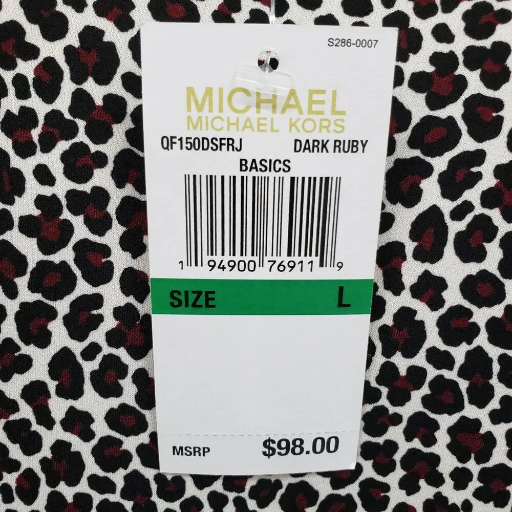 NWT MICHAEL KORS Arm Slit Animal Print Top Blouse Women L V-Neck Ruby Black